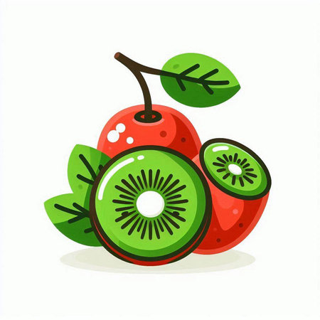 Kiwi and cherry isolated on white background. Vector illustration.のイラスト素材