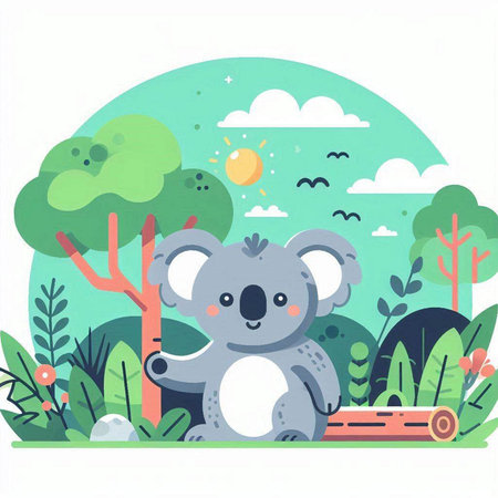 Cute koala in the forest. Vector illustration in flat style.のイラスト素材