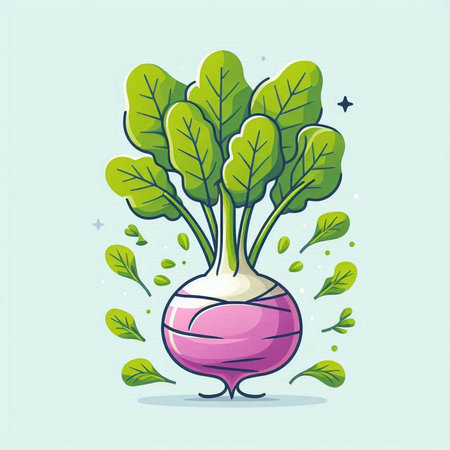 Vector illustration of fresh beetroot with green leaves in cartoon style.のイラスト素材