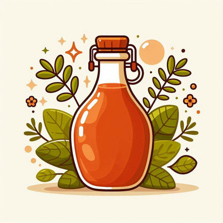 Kombucha bottle with leaves and flowers. Hand drawn vector illustration.のイラスト素材
