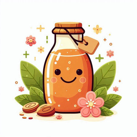 Cute cartoon bottle of honey with leaves and flowers. Vector illustrationのイラスト素材