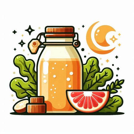 Grapefruit juice in a glass bottle. Vector illustration of a cartoon style.のイラスト素材