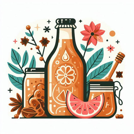 Hand drawn vector illustration with bottle of juice, honey and fruits.のイラスト素材