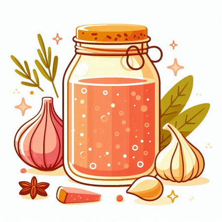 Garlic jam in glass jar with spices and herbs. Vector illustration.のイラスト素材