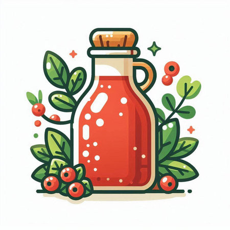 Bottle of cranberry juice with berries and leaves. Vector illustration.のイラスト素材