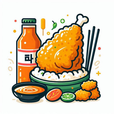 Illustration of fried chicken with soy sauce and chopsticks. Vector illustrationのイラスト素材