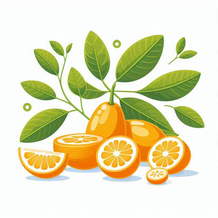 Orange fruit with leaves and slices isolated on white background. Vector illustration.のイラスト素材