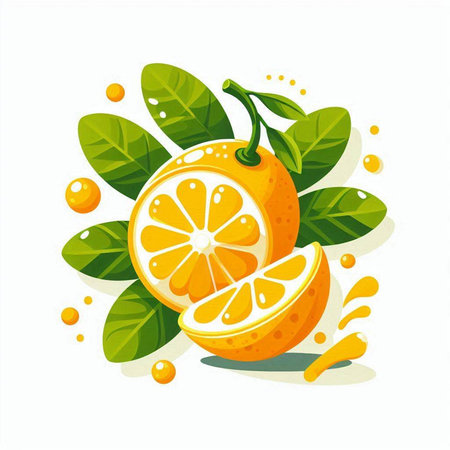 Fresh orange fruit with green leaves isolated on white background. Vector illustration.のイラスト素材