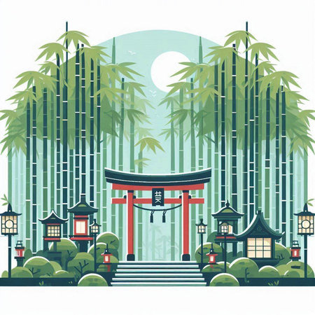 Japanese temple with bamboo trees and lanterns. Vector illustration in flat style.のイラスト素材