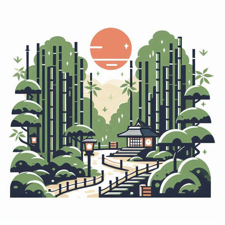 Traditional japanese architecture. Landscape with bamboo forest. Vector illustrationのイラスト素材