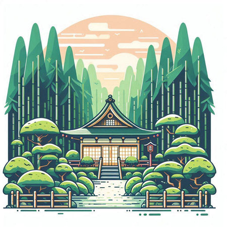 Japanese temple in the forest. Vector illustration in a flat style.のイラスト素材