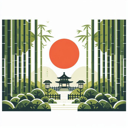 Bamboo forest and japanese temple in the morning. Vector illustration.のイラスト素材