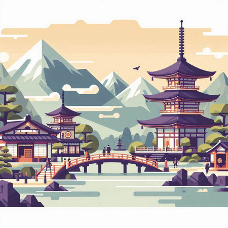 Traditional japanese architecture. Travel and tourism. Vector illustration.のイラスト素材