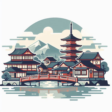 Korean traditional houses with wooden bridge and lake. Vector illustration.のイラスト素材