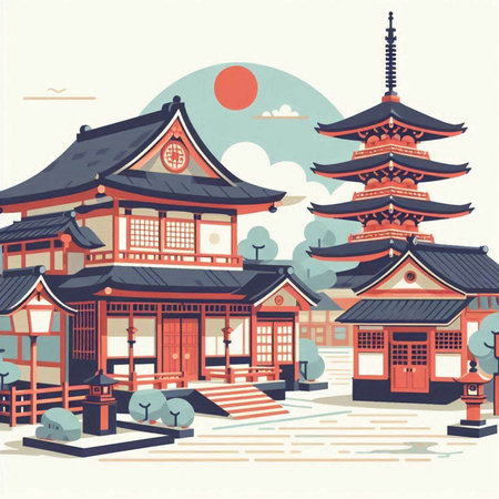 Korean traditional buildings. Vector illustration in retro style. Eps 10のイラスト素材