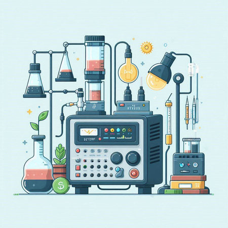 Laboratory equipment. Vector illustration in flat style on blue background.のイラスト素材