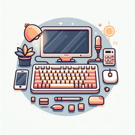 Computer, mouse, keyboard and other office supplies. Vector illustration.のイラスト素材