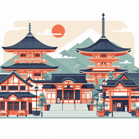 Japanese temple in the mountains. Vector illustration in flat cartoon style.のイラスト素材