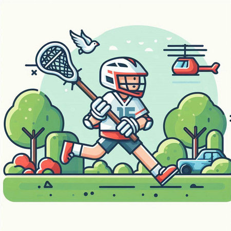 Vector illustration of a man playing lacrosse in the park. Linear style.のイラスト素材