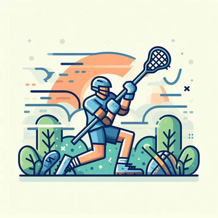 Lacrosse player in action. Flat line style vector illustration.のイラスト素材
