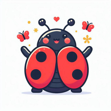 Cute ladybug with hearts and butterflies. Vector flat cartoon illustrationのイラスト素材