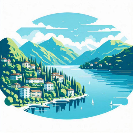 Village on the shore of Lake Como, Italy. Vector illustrationのイラスト素材
