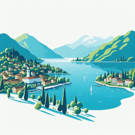 Landscape of the Lake Como, Italy. Vector illustration.のイラスト素材