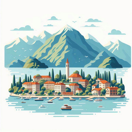 Town on the shore of Lake Garda, Italy. Vector illustrationのイラスト素材