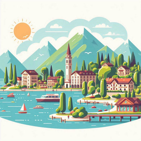 Landscape of the Lake Lucerne, Switzerland. Vector illustrationのイラスト素材