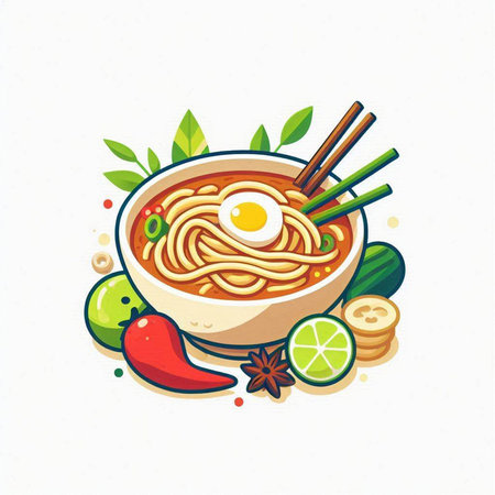 Bowl of noodle soup with egg and vegetables. Vector illustration.のイラスト素材