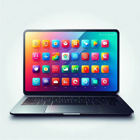 Laptop with application icons on the screen. 3d illustration.のイラスト素材