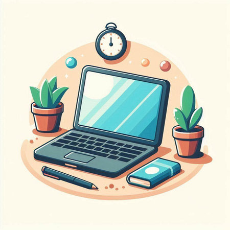 Laptop computer with notebook, smartphone, alarm clock and potted plants. Flat style vector illustration.のイラスト素材