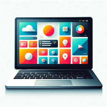 Laptop computer with colorful application icons on the screen. Vector illustration.のイラスト素材