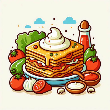 Illustration of a stack of lasagna on a plate with ingredientsのイラスト素材