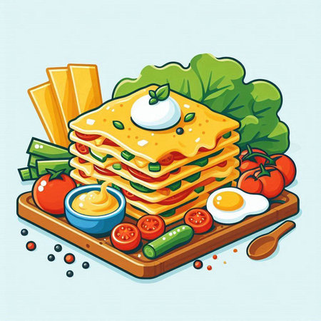 Illustration of a stack of lasagna on a cutting board with ingredientsのイラスト素材