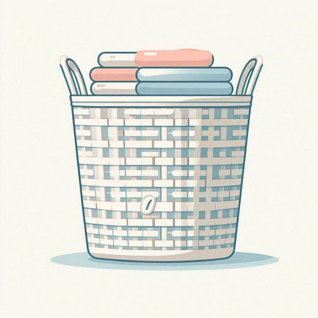 Illustration of a laundry basket with clothes on a white background.のイラスト素材