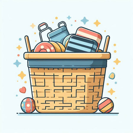 Vector illustration of a basket full of school supplies. Cute cartoon style.のイラスト素材