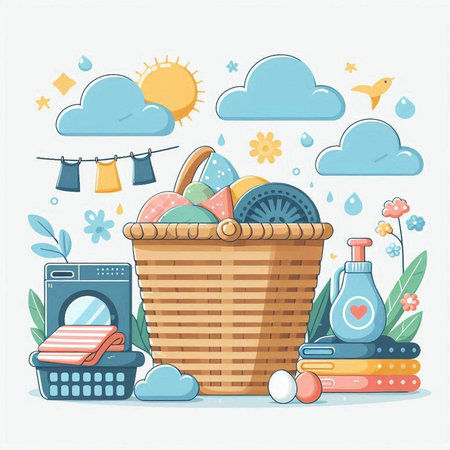 Wicker basket with laundry. Vector illustration in flat cartoon style.のイラスト素材