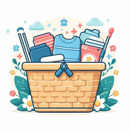 Wicker basket with different cleaning supplies. Vector illustration in cartoon style.のイラスト素材