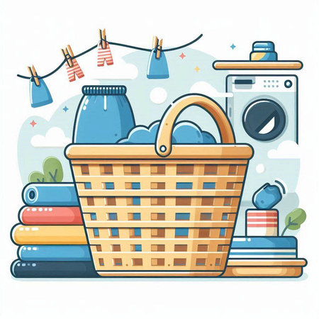 Basket with laundry, washing machine and clothespins. Vector illustration.のイラスト素材