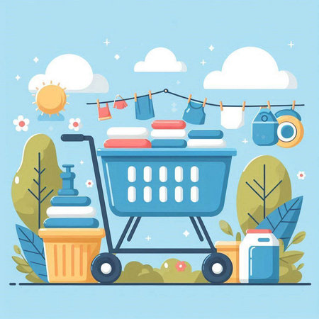 Shopping cart with baby clothes. Vector illustration in flat style.のイラスト素材