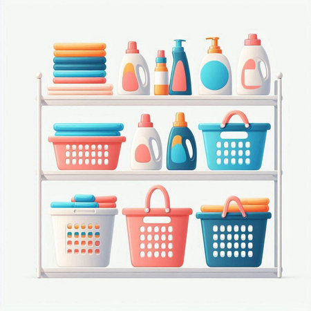 Shelves with cleaning products on a white background. Vector illustration.のイラスト素材