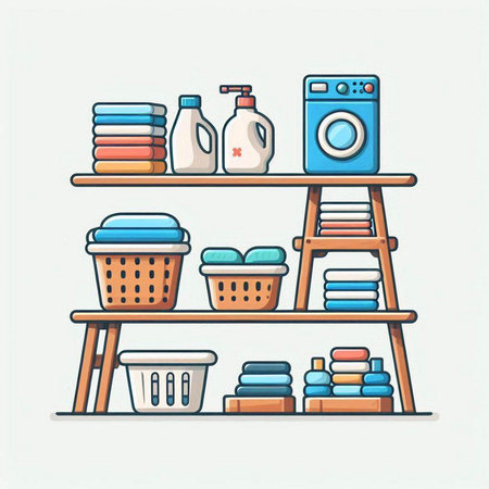 Vector illustration of a shelf with laundry, washing machine and detergent.のイラスト素材