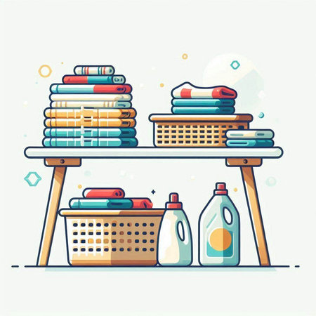 Laundry service concept. Clothes in basket and detergent. Vector illustrationのイラスト素材