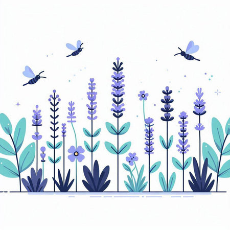 Vector illustration of lavender flowers and butterflies. Floral background.のイラスト素材
