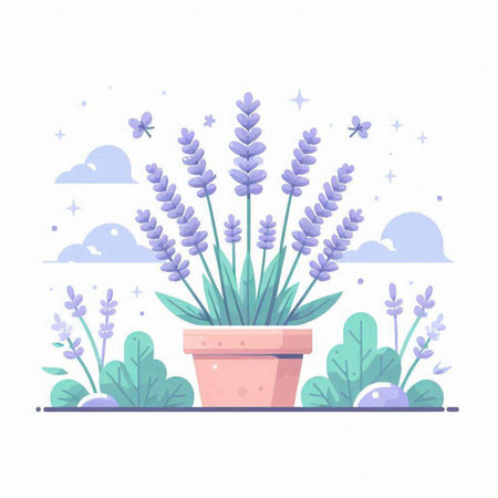 Lavender flower in pot. Vector illustration in flat style.のイラスト素材