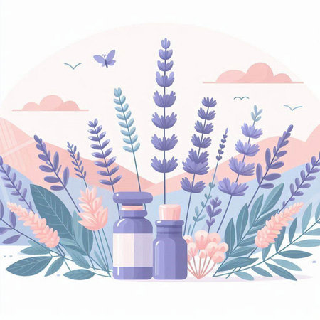 Lavender flowers and bottles of essential oil. Vector illustration.のイラスト素材