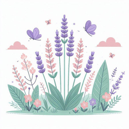 Lavender flowers and butterflies, hand drawn vector illustration on white backgroundのイラスト素材