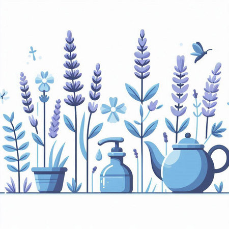 Vector illustration of lavender flowers, teapot and cup.のイラスト素材