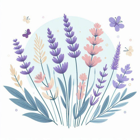 Vector illustration of lavender flowers and butterflies in pastel colors.のイラスト素材